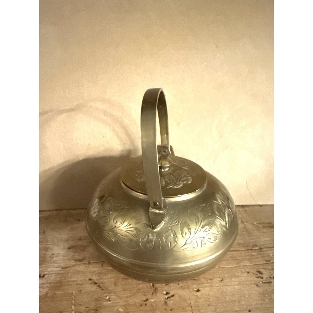 Vintage Small Etched Brass Teapot India 3" Brass Floral Decor Bronze Handle - Picture 4 of 11